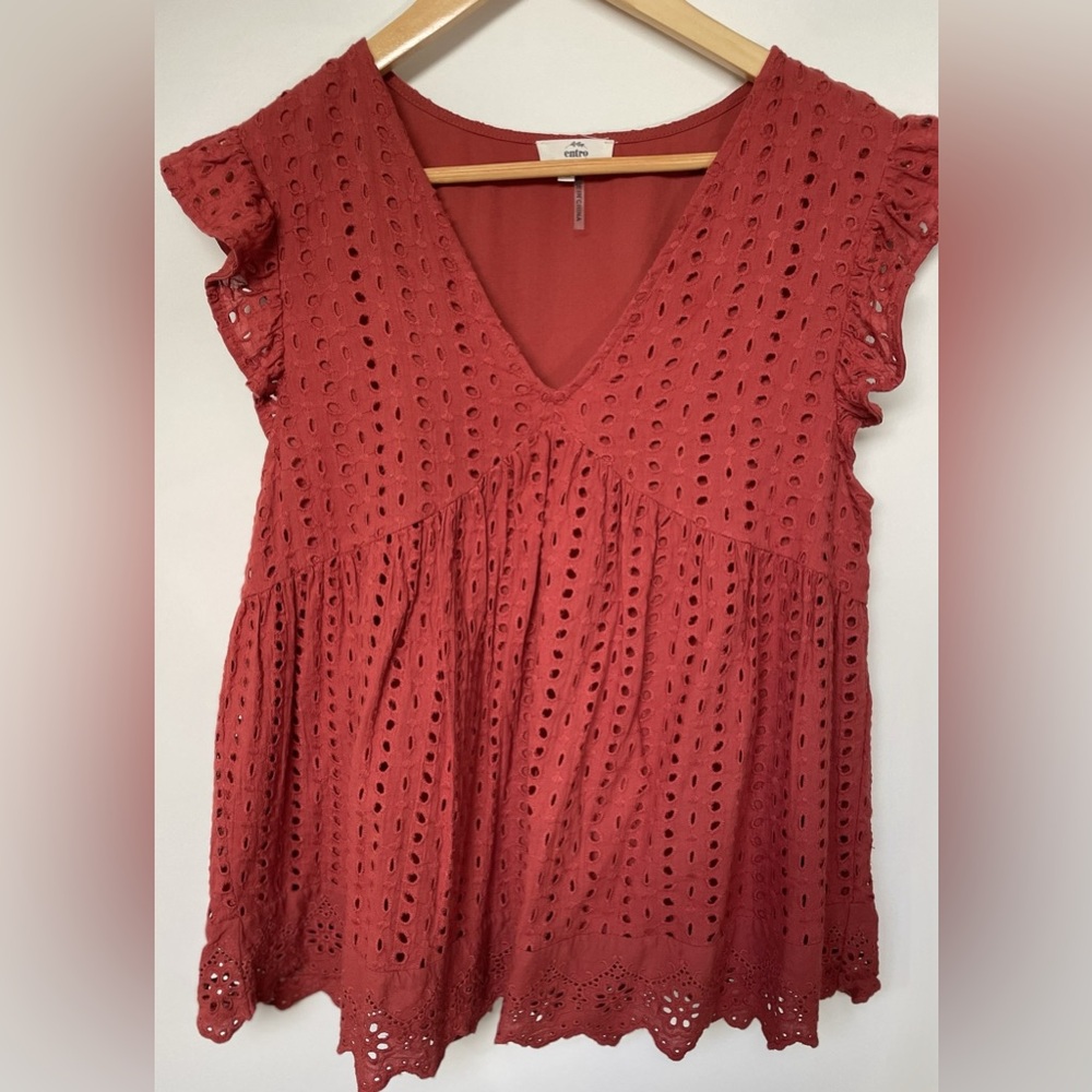 entro Rust Red Eyelet V-Neck Babydoll Top